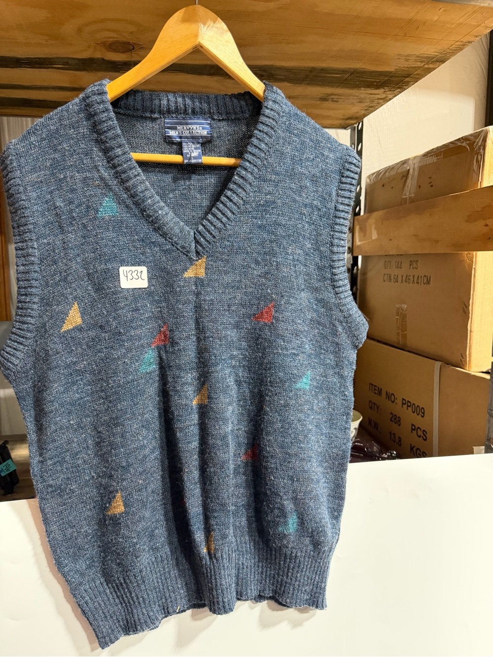 #4332-Men's Slate Blue V-Neck Knit Vest with Multicolor Triangle Accents